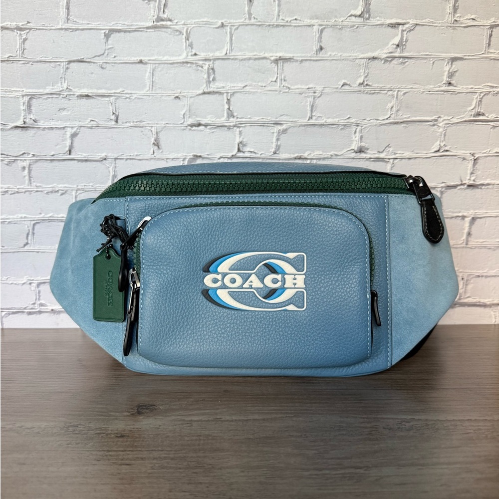 NWT Coach Track large Belt Bag suede blue With Coach Stamp Gunmetal hardware